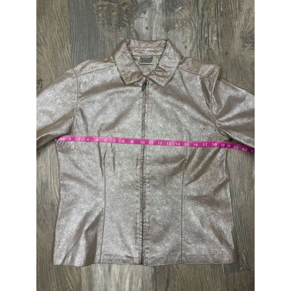 Chicos Gold Metallic 100% Leather Jacket Size 1 Medium 8 Full Zip Collared - Picture 5 of 6